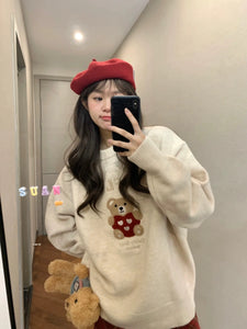 Women's Bear Pullover Sweater – Loose Knit Round-Neck Top, Cozy Christmas Style for Autumn and Winter